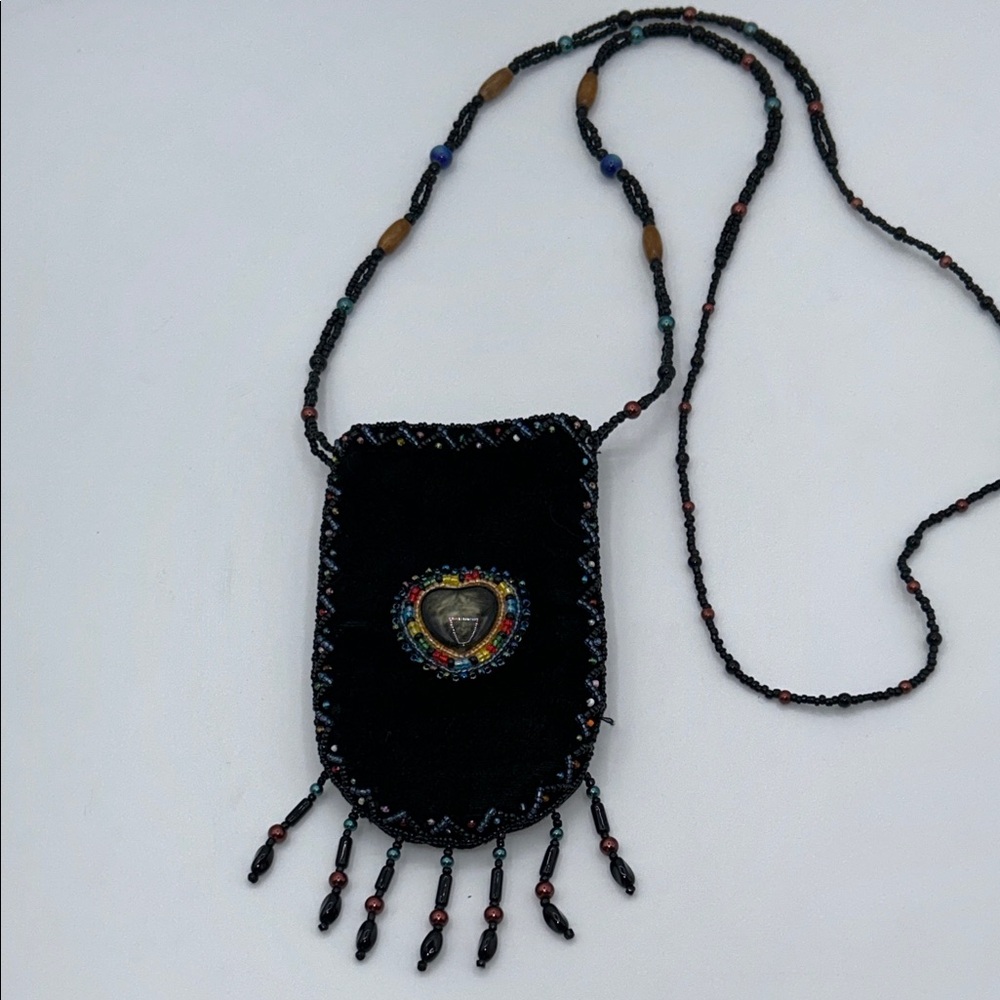 Chic Black Beaded Mini Bag with Heart Accent
